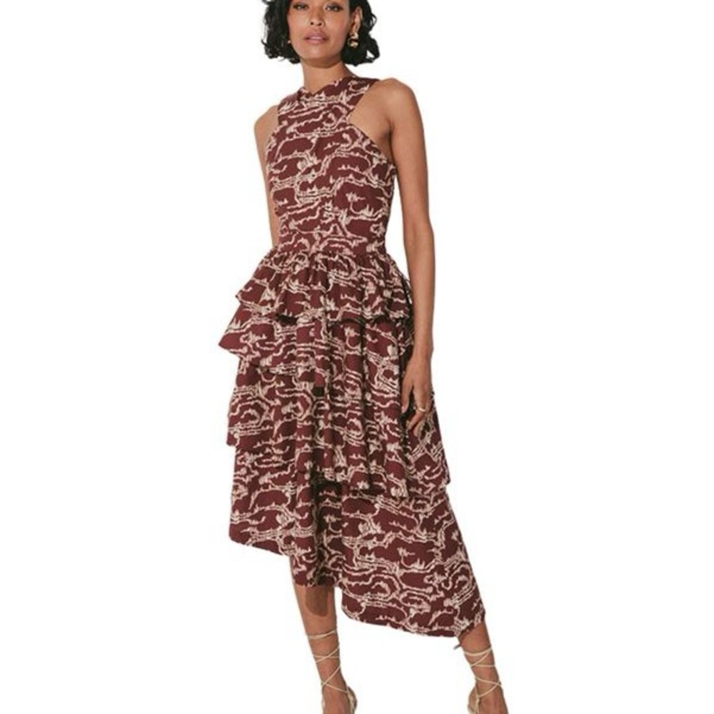 Cleobella Carson Burgundy and Cream Tiered Ruffle Asymmetrical Midi Dress